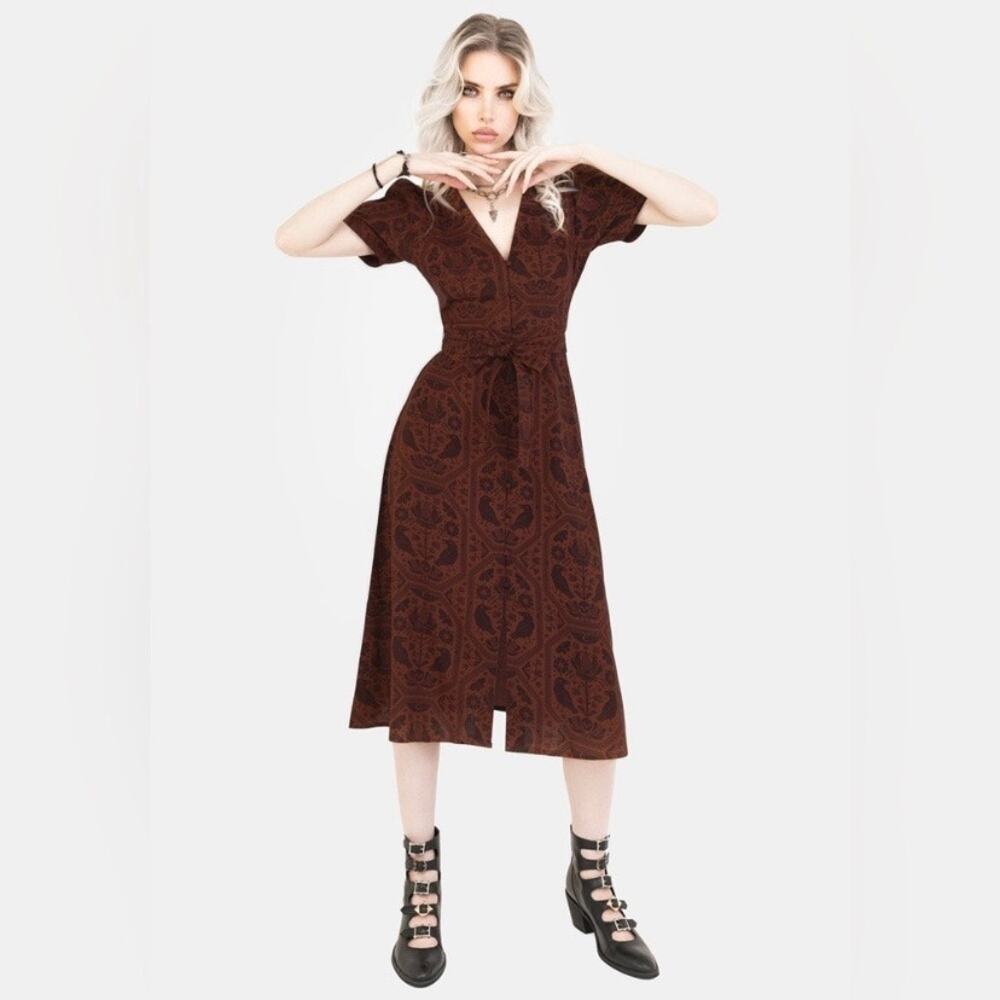 Disturbia Brown Annabel Raven Print Button Up Midi Dress Sz.14 NWT